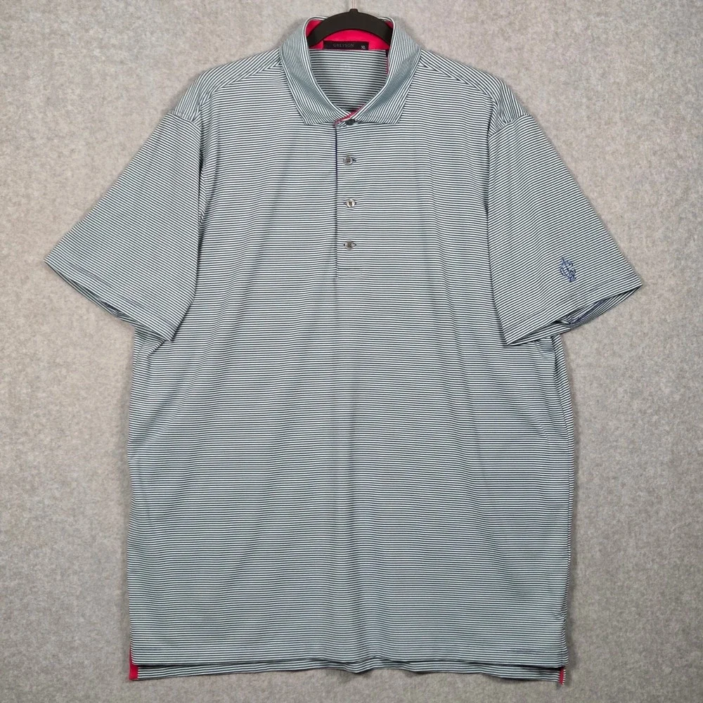 Greyson Mens XL Short Sleeve‎ Polo Shirt Striped Blue White Golf Performance